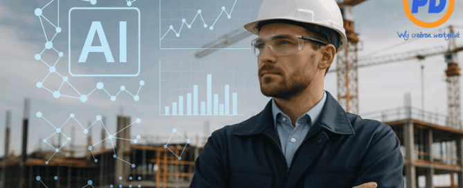 Bouwkundig ingenieur met witte helm op een industriële bouwplaats, met AI-grafieken op de achtergrond