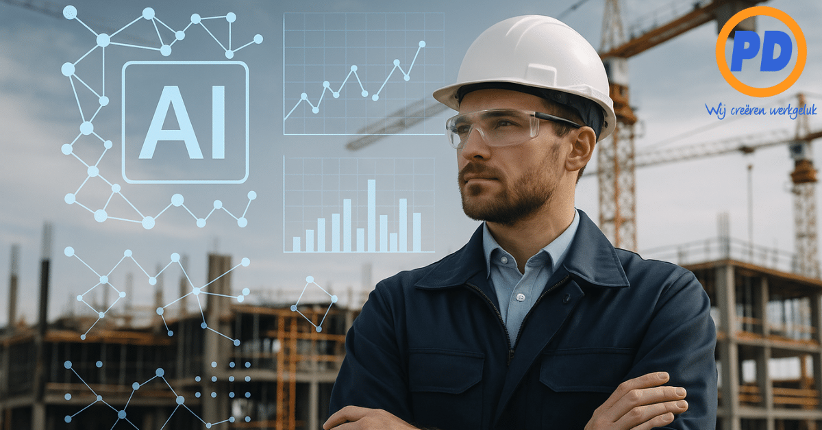 Bouwkundig ingenieur met witte helm op een industriële bouwplaats, met AI-grafieken op de achtergrond
