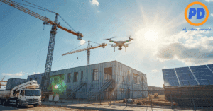 “Digitalisering en circulair bouwen op een moderne Nederlandse bouwplaats met drones en prefab elementen.”