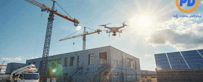 “Digitalisering en circulair bouwen op een moderne Nederlandse bouwplaats met drones en prefab elementen.”
